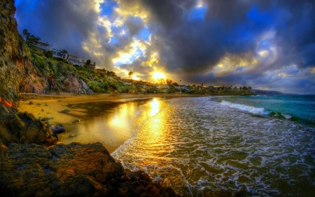 Cresent Bay at Sunset - nature, ocean, beach, cresent, clouds, sunset, bay, usa