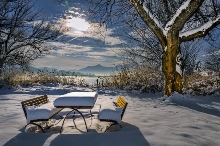 Winter landscape - sky, landscape, winter, bench, view, cold, frost, snow, rest