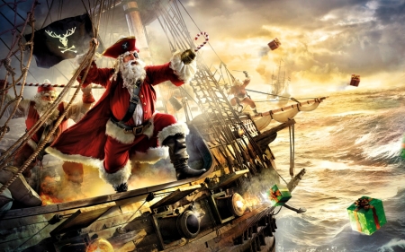 Pirate Santa - santa, craciun, ship, gift, fantasy, pirate, christmas