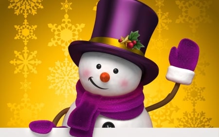 Merry Christmas! - hat, christmas, snowman, scarf, yellow, craciun, purple, card