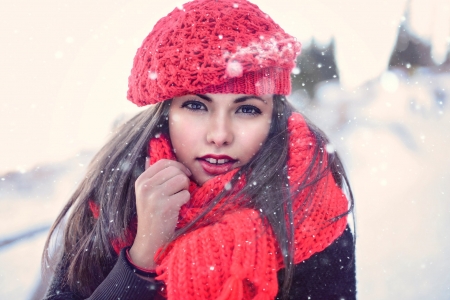 Beauty - hat, winter, scarf, woman, red, model, girl, snow