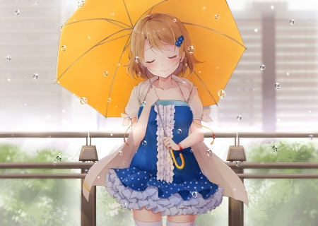 Hanayo Koizumi - beautiful anime art, hanayo koizumi, rain drops, anime, anime girl, umbrella, school idol project, love live, female