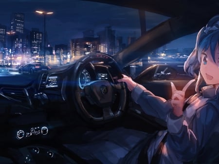 Up for a ride? - female, night, beautiful anime art, detailed, anime girl, car interior, car, beautiful, anime, city, cute