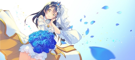 Umi Sonoda - Cute, Female, Anime girl, Flowers, Bride, Umi Sonoda, Pretty, Anime, Love Live, Beautiful anime art, Bouquet, School idol project, Flower petals