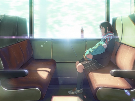 Waiting for my stop - girl, female, bus interior, beautiful anime art, anime girl, detailed, water bottle, anime art, beautiful, anime