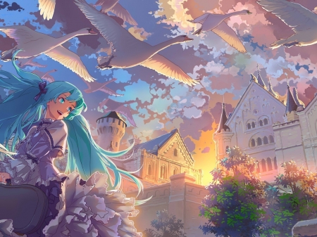 Beautiful morning - Vocaloid, Female, Sunset, Buildings, Anime girl, Beautiful, Hatsune Miku, Anime, Birds, City, Beautiful anime art, Ponytail