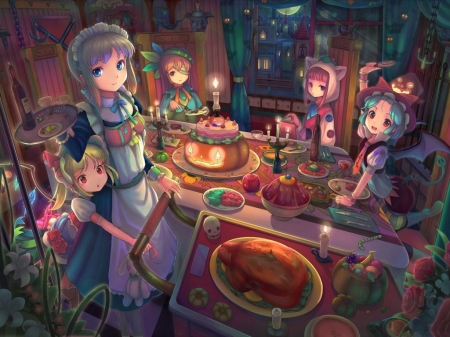 Dinner time - Cute, Halloween themed, Female, Anime girl, Detailed, Dinner, Halloween, Turkey, Anime, Magical girl, Beautiful anime art, Food, Touhou, Pumpkin