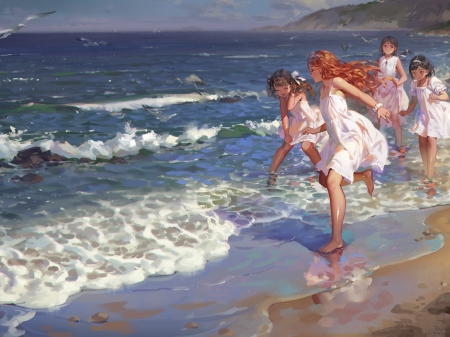 At the beach - Ocean, Female, Beautiful, Girls, Detailed, Pretty, Anime, Water, Beautiful anime art, Beach