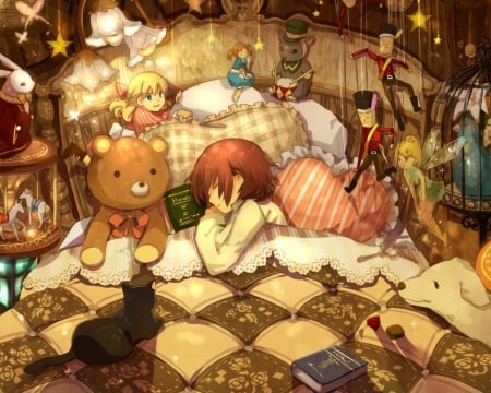 Good Night - Cute, Beautiful, Fairy, Detailed, Teddy bear, Anime art, Anime, Characters, Toys, Dog