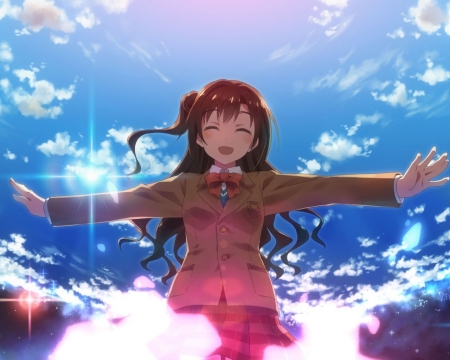 Fly with me - Cute, Female, Anime girl, Beautiful, Clouds, Detailed, Pretty, Shine, Anime, School uniform, Beautiful anime art, Sky