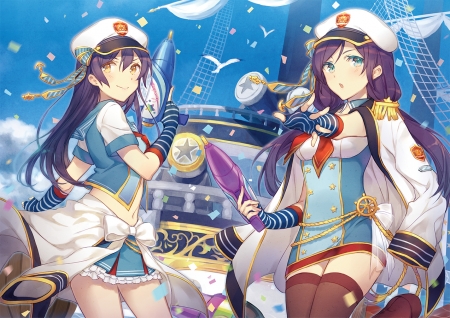 Umi and Nozomi - anime girls, female, love live, nozomi tojo, umi sonoda, anime art, anime, school idol project, cute, birds, boat