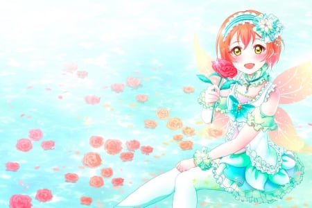 Rin Hoshizora - Fairy girl, Cute, Female, Anime girl, Pretty, Anime, Rin Hoshizora, Rose, Love Live, Rose petals, Flower, School idol project