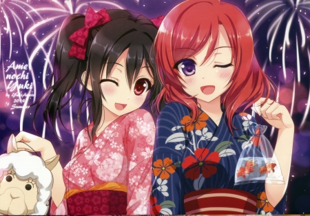 Nico and Maki - anime girls, female, goldfish, nico yazawa, kawaii, anime, kimono, maki nishikino, fireworks, cute, alpaca