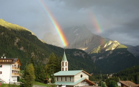 Rainbow and Church - nature, mountains, rainbow, church