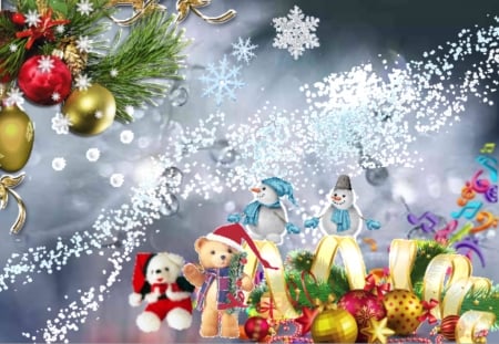 Holiday mood - snowman, bears, background, joy, funny, snowflakes, white, ornaments, teddy