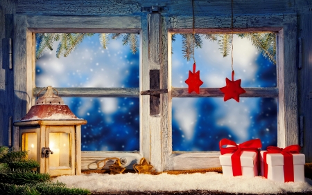 Christmas window - new year, view, pretty, lantern, window, arrangement, presents, holiday, gifts, snowfall, winter, snowflakes, christmas, frost, snow, beautiful, decoration