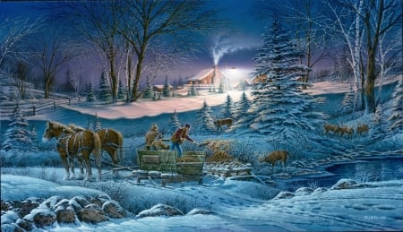 Helping hand - peaceful, countryside, painting, horses, art, cold, deers, help, holiday, tree, dusk, houses, landscape, winter, village, beautiful, frost, snow