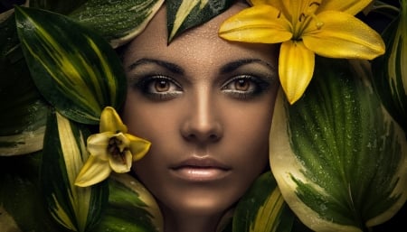 Beauty - face, flower, lilly, model, evgeni kolesnik, girl, woman, green