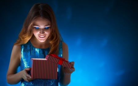 Surprise! - blue, girl, christmas, craciun, red, woman, model, box, gift