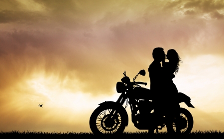 Love - silhouette, girl, couple, summer, valentine, motorcycle, black, yellow, man