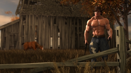 Cowboy at barn (2) - male, hunk, hot, barn, evening, muscle, Cowboy, sunny day