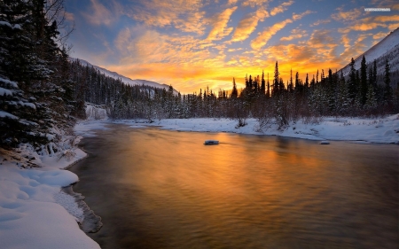 Sunset on the Calm River - calm, clouds, trees, winter, snow, forest, mountain, river, sunset, nature, sky