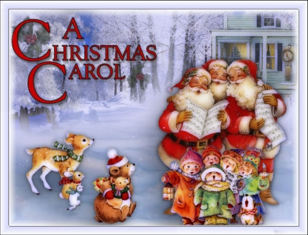 CHRISTMAS CAROL - children, animals, snow, winter, carol, santas, christmas