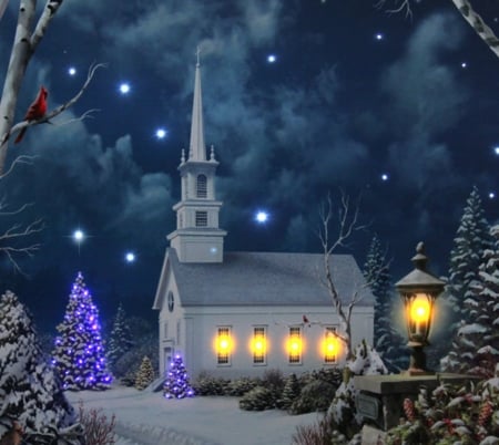 CHRISTMAS - CHURCH, LIGHTS, SKY, CHRISTMAS, TREES, NIGHT, WINTER, STARS