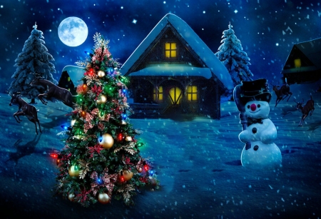 CHRISTMAS NIGHT - moon, snowman, sky, winter, night, christmas, reindeer, snow, tree