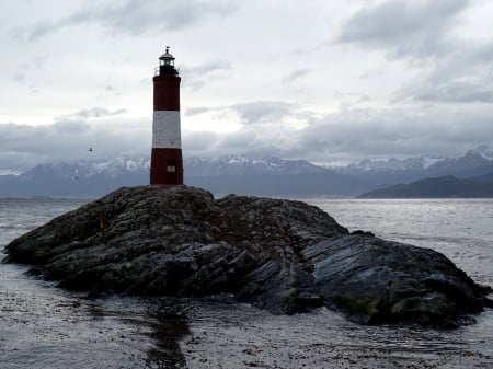 Lighthouse - mountains, lighthouse, cloudy, sea