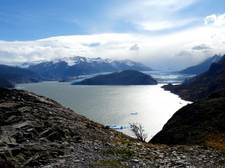 Looming Glacier - lake, mountains, glacier, clouds