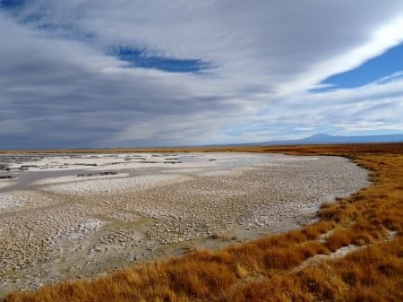 Solid Lake - clouds, barren, lake, grass, salt