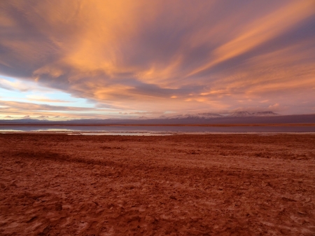 Scarlet Sunset - sunset, desert, red, cloud, lake, mountains