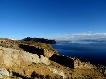 Ruins on the Coast - lake, ruins, barren, bluesky