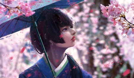 Spring - girl, asian, fantasy, spring, xichechen, art, sakura, pink, blue, umbrella, luminos, kimono, flower