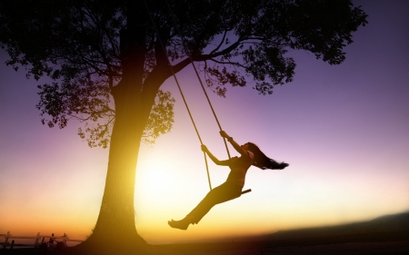 Good Morning! - silhouette, girl, summer, black, purple, yellow, swing, tree, sunrise