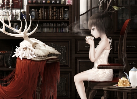 Face to face - anime, realistic, girl, room, tea, bouno satoshi, skull, horns, manga, white, red, luminos, cup