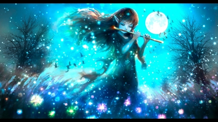 Moonlight - moon, anime, girl, pixiv, flower, elf, manga, instrument, flute, luminos, luna