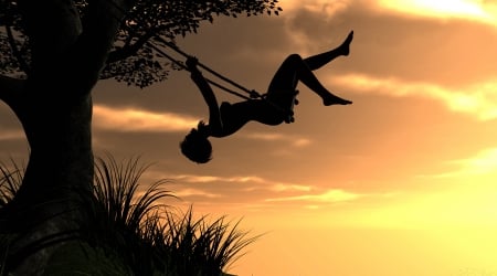 Flying - swing, black, summer, girl, silhouette, orange, tree