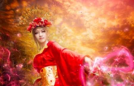 Cosplay Beauty - pretty, beautiful, cosplay, girl, kimono, fantasy, red, digital, woman, art, asian