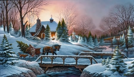 Heading home - sky, peaceful, sunset, painting, horses, home, art, holiday, dusk, bridge, pond, head, landscape, winter, christmas, village, beautiful, frost, snow