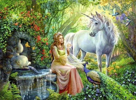 Princess and Unicorn - pretty, birds, butterflies, beautiful, girl, forest, flowers, colorful, fantasy, peacock, digital, woman, princess, unicorn, art