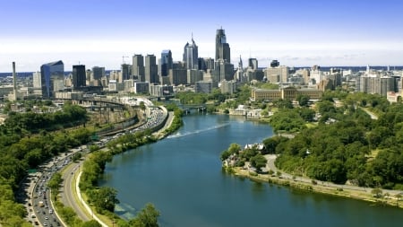 46 - city, tree, building, river