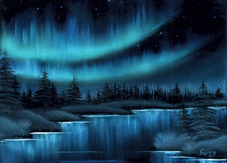 Northern Lights - ice, sky, trees, river