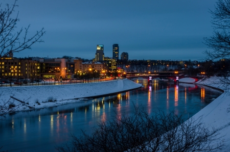 Vilnius, Lithuania - reflections, houses, snow, river, winter, night