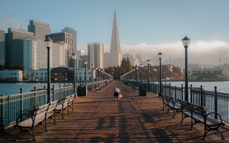 Footbridge - city, wooden, skyscrapers, footbridge