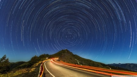 Star Trails, Mountain Road - roads, nature, mountains, velocity