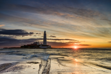 Lighthouse - beach, lighthouse, sunset, wave