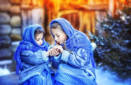 Girls - girl, couple, winter, child, scarf, cold, blue, sister, cute