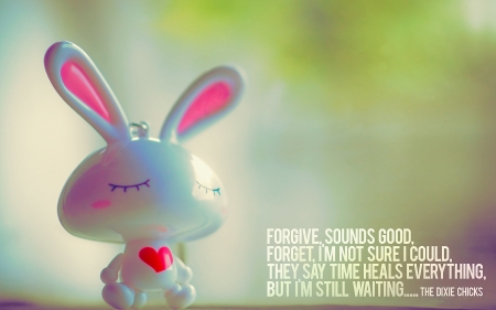 Forgive... - rabbit, green, word, figurine, quote, pink, bunny